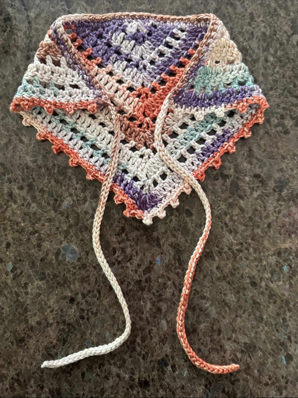 Handmade Crocheted Bandana Hair Scarf Kerchief in Pastel Rainbow 100% Cotton